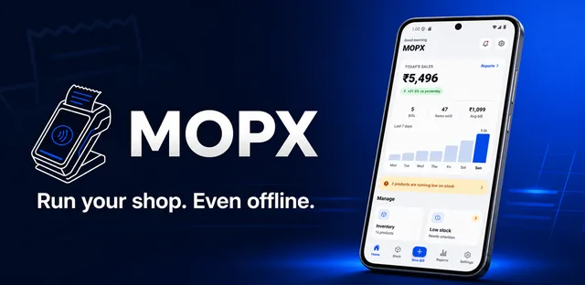 MOPX feature graphic with the tagline “Run your shop. Even offline.” next to a phone showing the sales dashboard