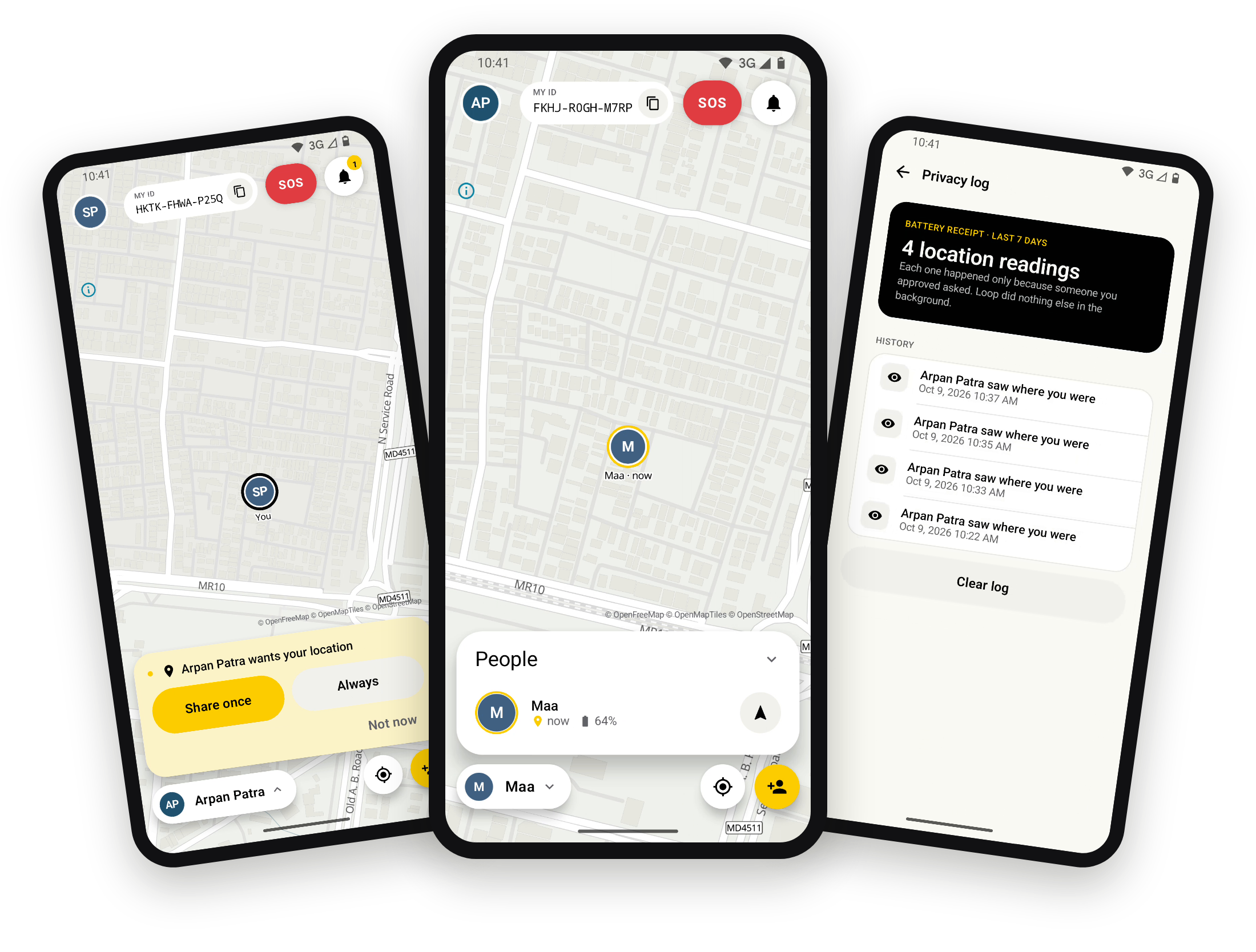Three phones running LOOP: a location request, the answer on the map, and the privacy log