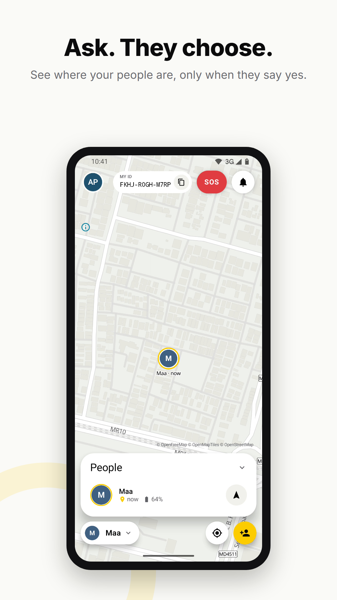 Ask. They choose. See where your people are, only when they say yes. LOOP map: Maa's avatar with a fresh yellow ring, and her row reading 'now · 64%' battery