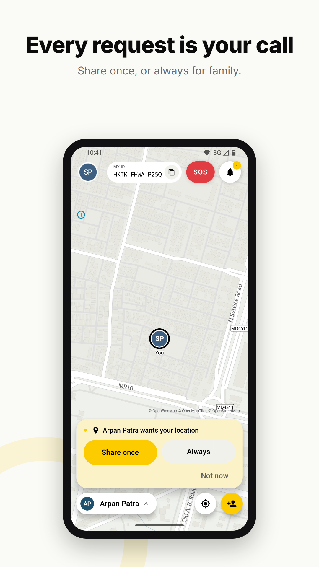 Every request is your call. Share once, or always for family. On Maa's phone: 'Arpan Patra wants your location' with Share once, Always and Not now