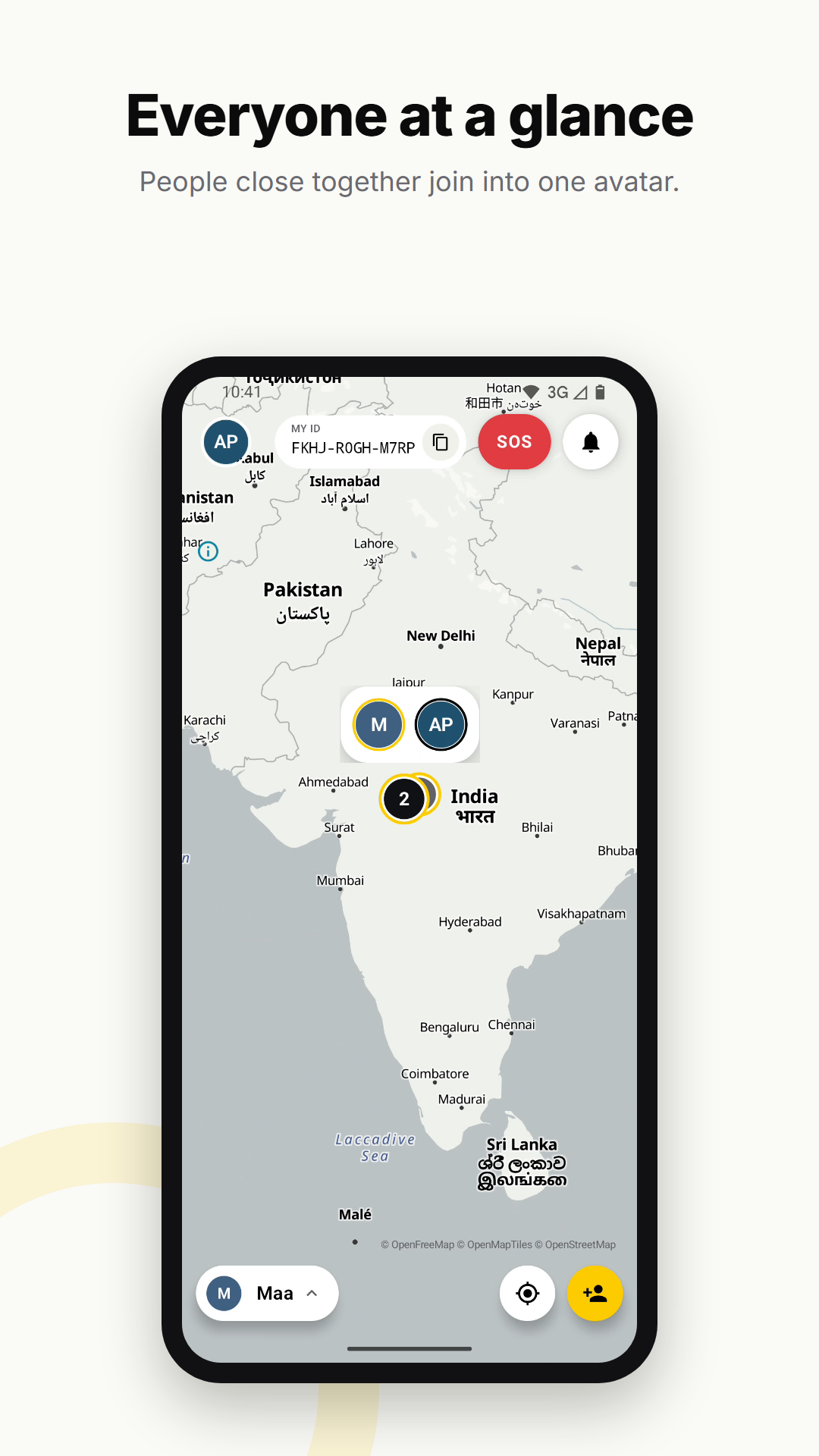 Everyone at a glance. People close together join into one avatar. Map of India with a '2' group avatar and a bubble showing the two people in it